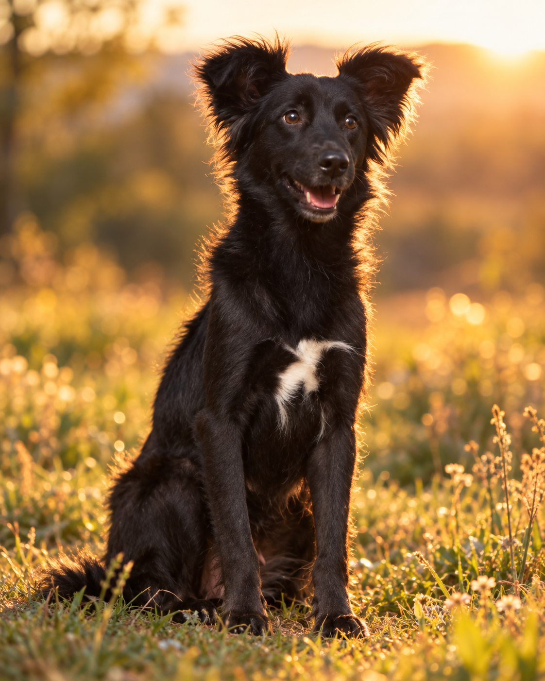 Akira, schwarzer Hund im goldenen Abendlicht