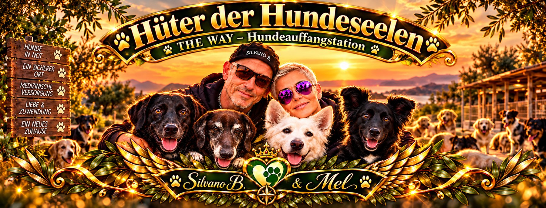 Banner Hüter der Hundeseelen mit Mel, Silvano und den Hunden