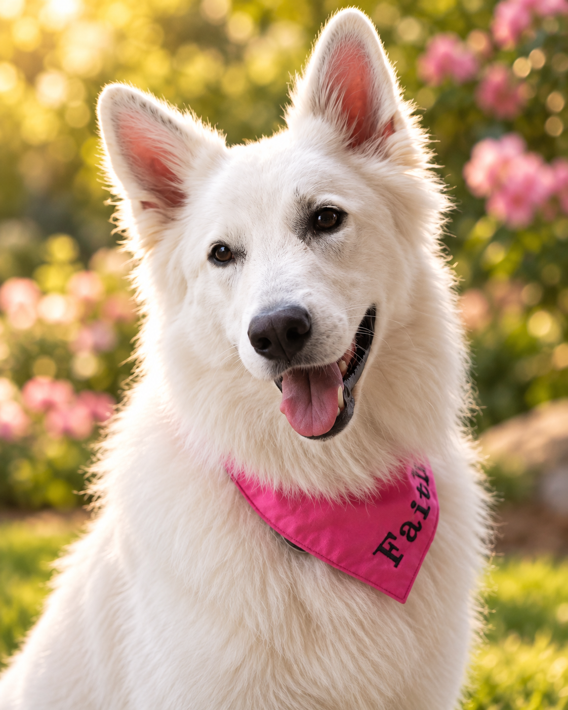 Faith, weisser Hund mit pinkem Halstuch