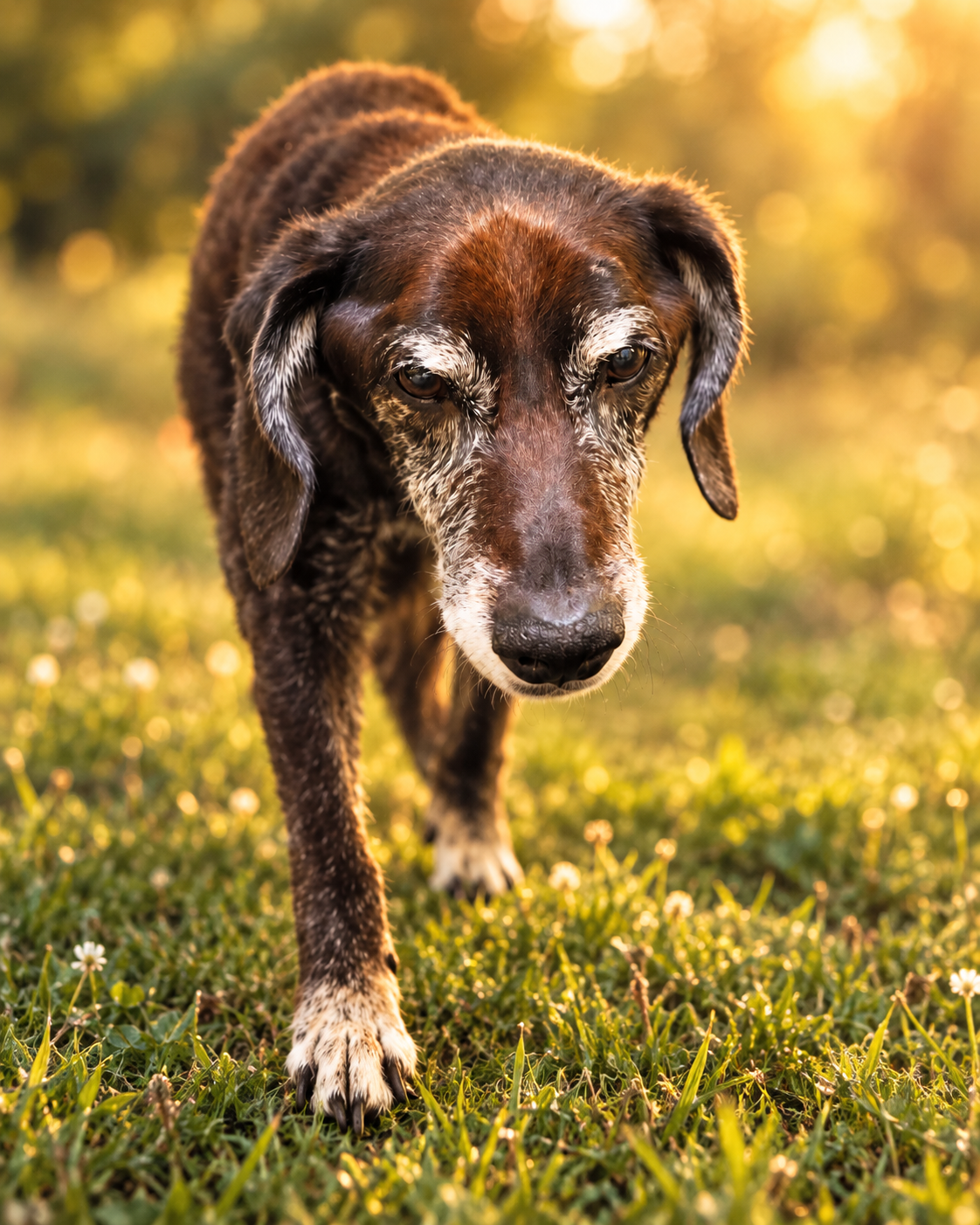 Junkel, älterer dunkler Hund im goldenen Abendlicht