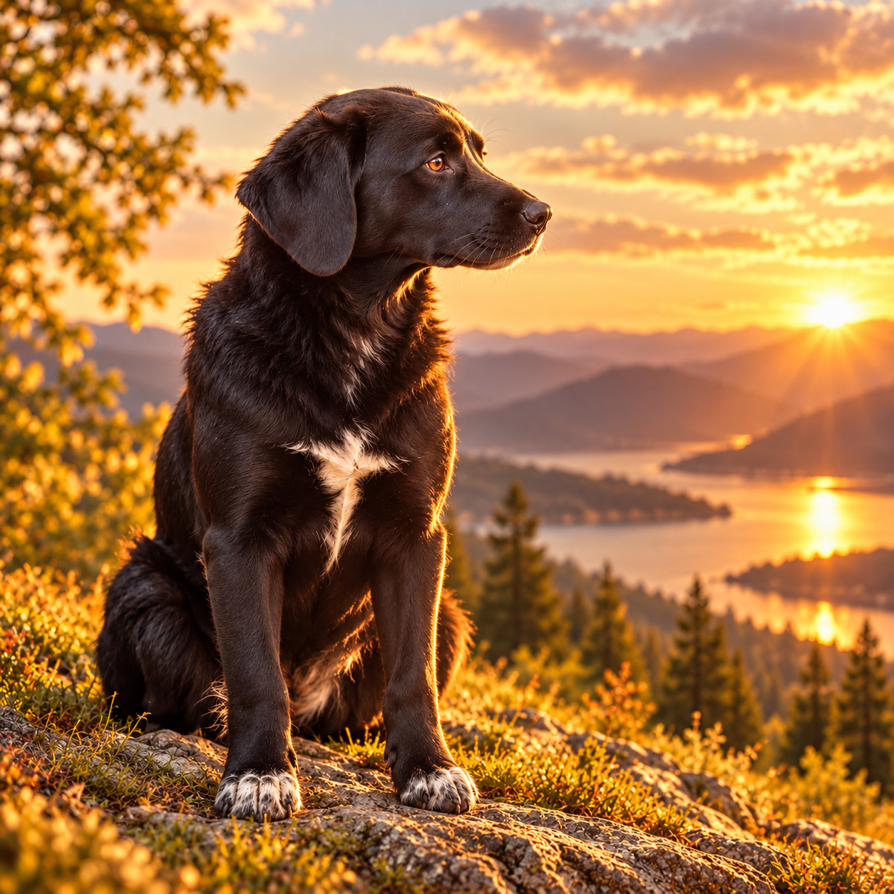 Slaven, schwarzer Hund im warmen Abendlicht